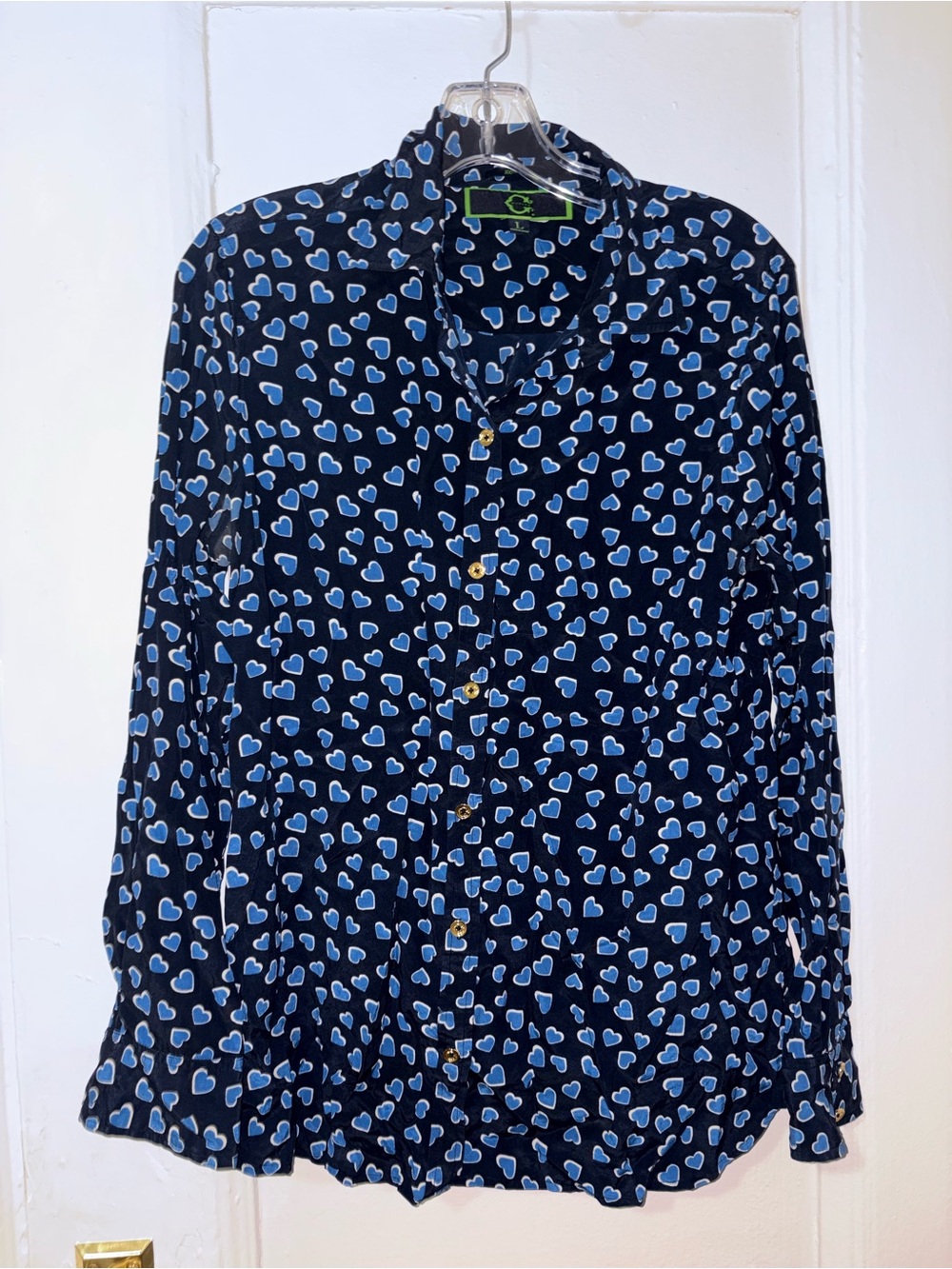 C Wonder Navy Blue/ Light Blue Heart-Print 100%Silk Shirt - Size Large